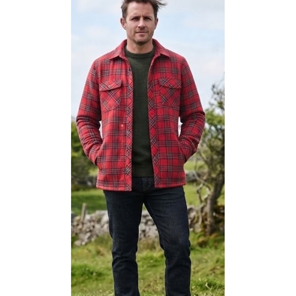 Lee Valley Eskra Red Tartan Plaid Fleece Lined Flannel Shirt Shacket Mens Sz Med